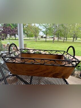Wooden Planter Box with Decorative Black Metal Trim